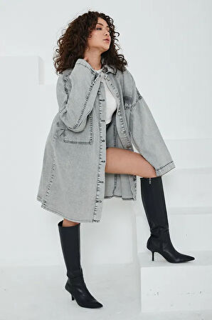 Düz Gömlek Yaka Kadın Gri Kuş Gözü Cepli Kot Ceket