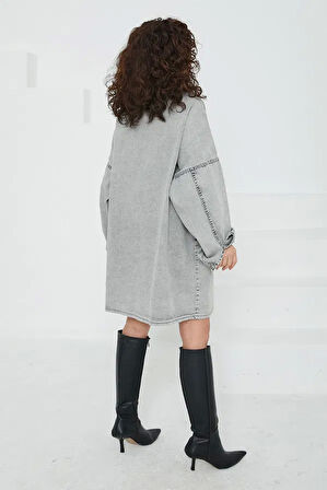 Düz Gömlek Yaka Kadın Gri Kuş Gözü Cepli Kot Ceket