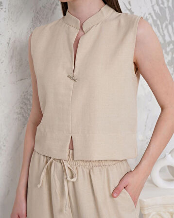 Broşlu yelek pantolon takım bej s255821