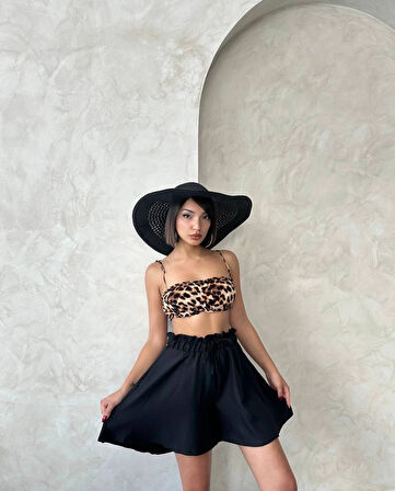 Volanlı keten şort siyah s255058