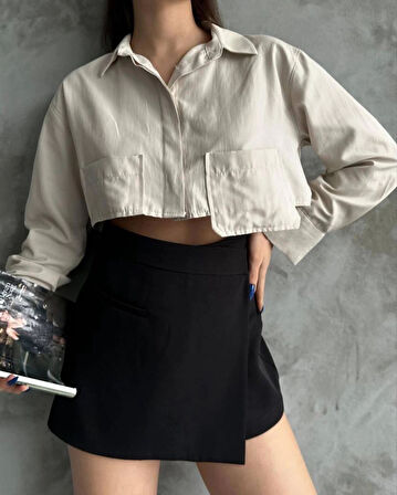 Poplin crop gömlek bej s3060