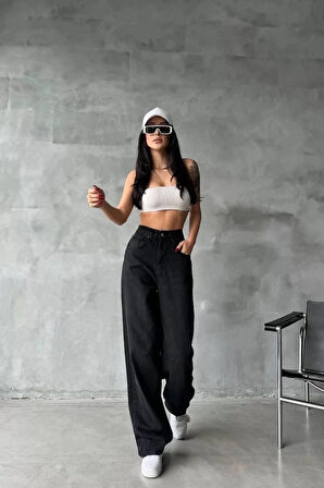 Arkadan tokalı jeans pantolon Siyah