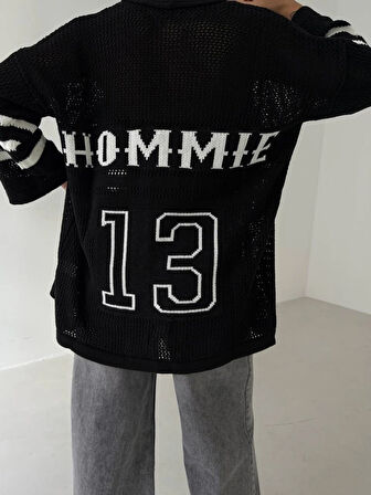 Büyük düğmeli salaş triko hırka siyahbeyaz