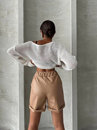 Beli lastikli duble paça deri şort bej w24755