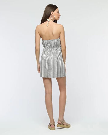 Kuşaklı çizgili mini keten elbise
