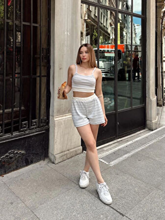 Çizgili şortlu takım gri s3978