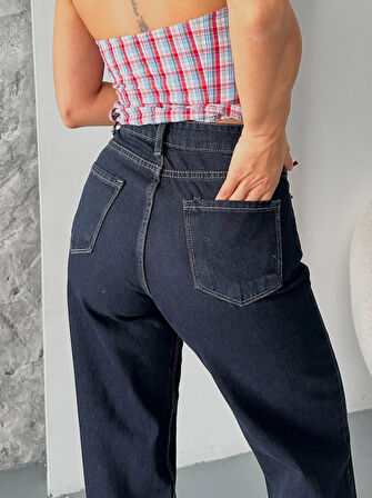 Palazzo süper taş enzim tint yıkama koyu lacivert jeans pantolon d2008