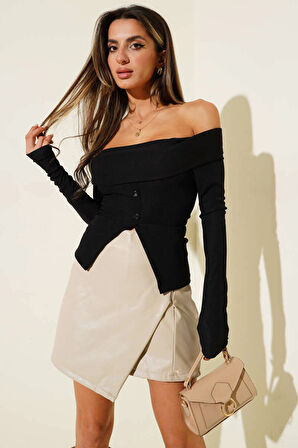 Madonna Yaka Düğmeli Bluz siyah t4329