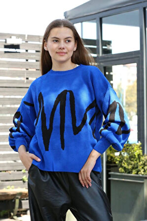 Siyah çizgili bisiklet yaka kazak Saks