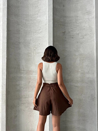 Volanlı keten şort kahve s255058