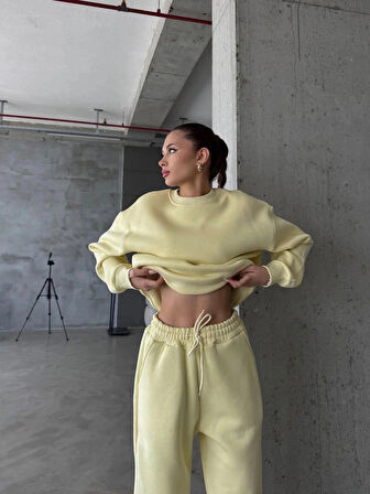 3 iplik şardonlu Lastik paça eşofman sarı p510439