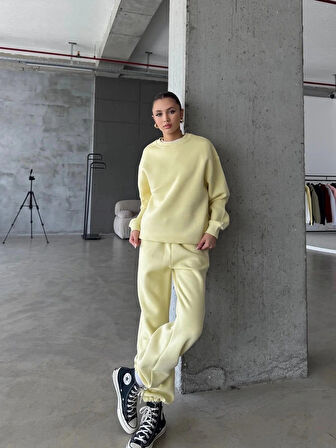 3 iplik şardonlu Lastik paça eşofman sarı p510439