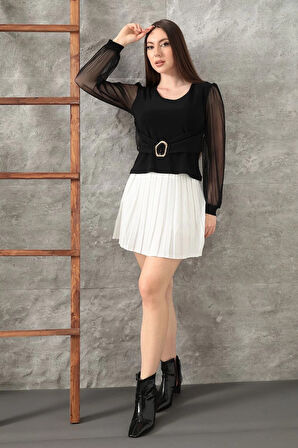 Tokalı tül kollu bluz siyah t4071