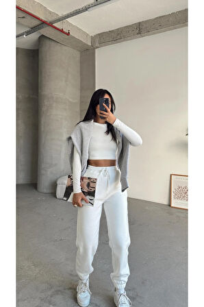 3 iplik şardonlu paça lastikli eşofman beyaz is001