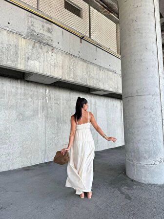 Dantelli askılı keten elbise s4310