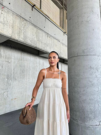 Dantelli askılı keten elbise s4310