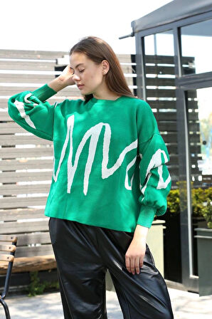 Beyaz çizgili bisiklet yaka kazak yeşil