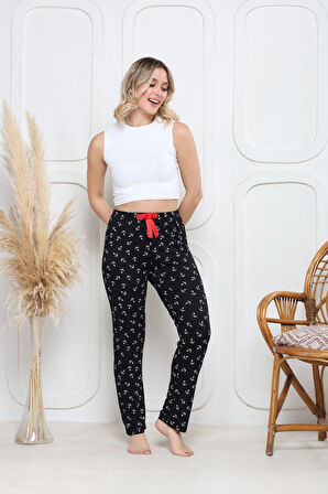 Viskon likralı alt pijama demir siyah baskı desenli q6018