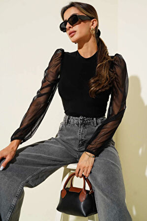 Dik yaka tül kollu bluz siyah t3066