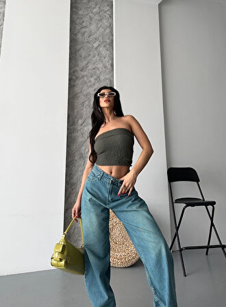 Baggy taş enzim bıyık yıkama jeans pantolon yeşil tint d2007