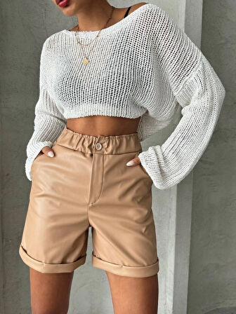 Beli lastikli duble paça deri şort bej w24755