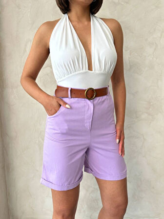 Kemerli gabardin şort lila s25735