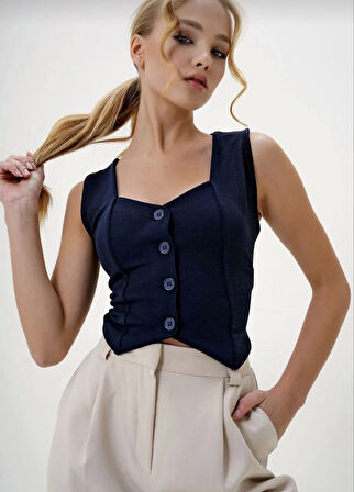 Krep kumaş düğmeli yelek lacivert s3395