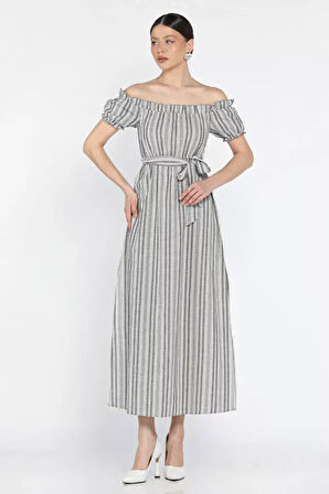 Madonna yaka midi yırtmaçlı kuşaklı keten elbise