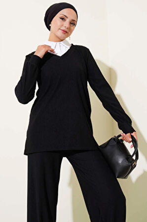 Gömlek Yaka Fitilli Salaş İkili Takım siyah T4300