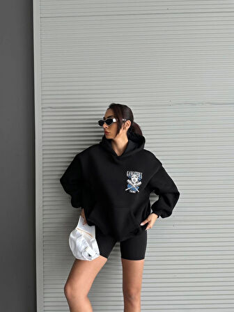 3 iplik şardonlu oversize compact kafa baskılı sweat siyah