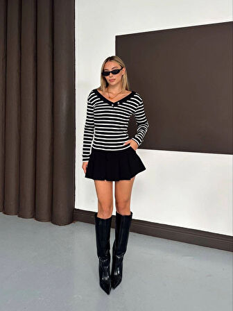 V yaka kol ve yaka düğmeli bluz siyah A4047