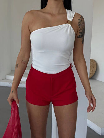 Tek omuzlu Otoman kumaş gold metal detaylı bluz s2311