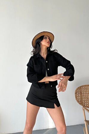 Çift cepli kol katlamalı süper taş enzim yıkamalı crop kot ceket siyah d2000