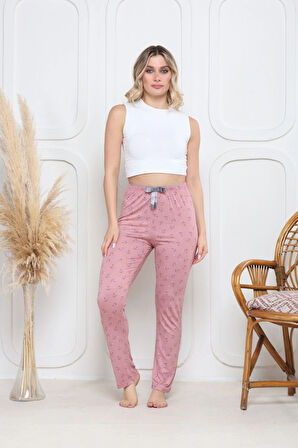 Viskon likralı alt pijama demir pembe baskı desenli q6018