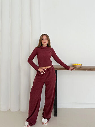 Balıkçı yaka örme takım bordo st265865