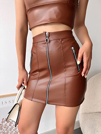 Üç fermuarlı deri etek kahve s24510