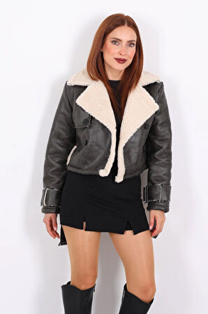 Kürklü Suni Deri Kemerli Haki Kadın Kısa Mont T1256