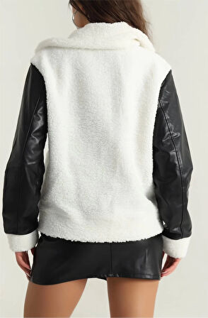 Deri garnili kuzu peluş mont beyaz t1220