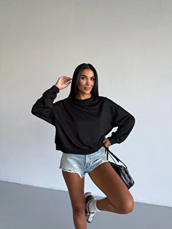 2 iplik bisiklet yaka sweat siyah f2339