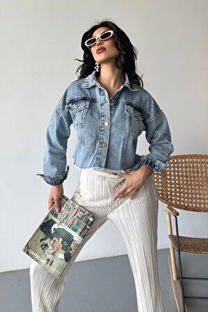 Çift kapaklı püsküllü crop buz mavi d2002