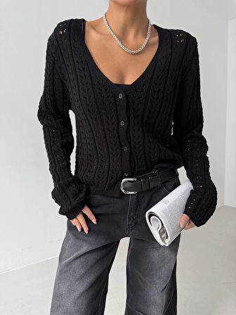 Küçük düğmeli küçük örgülü triko hırka siyah