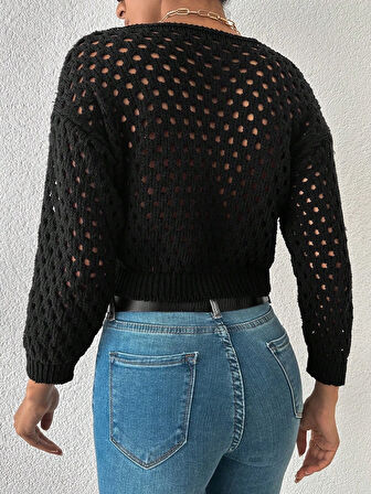 Büyük düğmeli delikli hırka siyah