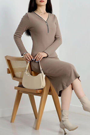 Fermuar detaylı fitilli şardonlu elbise bej a3178