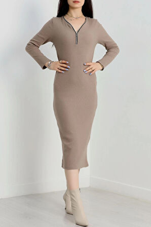 Fermuar detaylı fitilli şardonlu elbise bej a3178