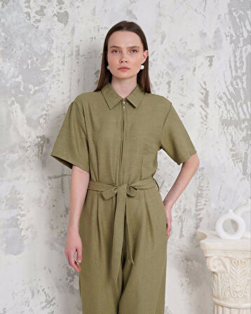 Kuşaklı gömlek yaka salaş tulum haki s255822