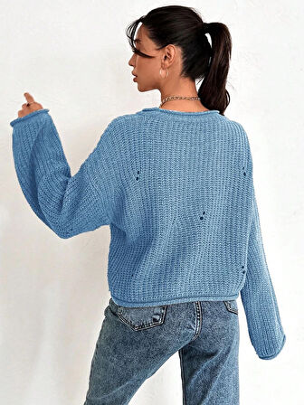 Salaş delik detaylı kazak mavi