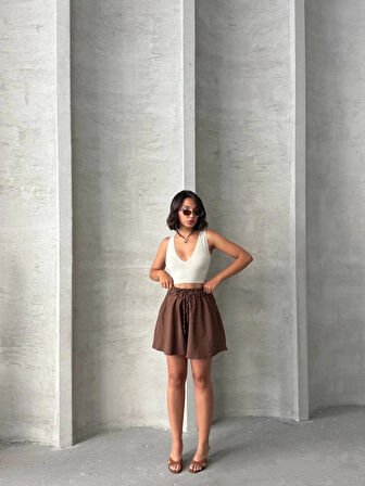 Volanlı keten şort kahve s255058