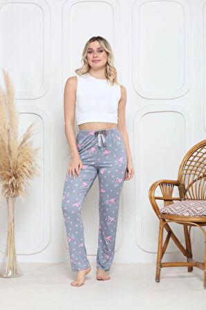 Viskon likralı alt pijama gri üzerine pembe kelebek baskı desenli q6018