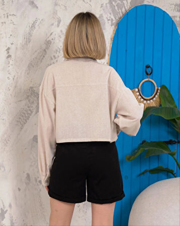 Kemer cepli keten crop gömlek krem s255350