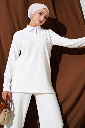 Gömlek Yaka Fitilli Salaş İkili Takım beyaz T4300